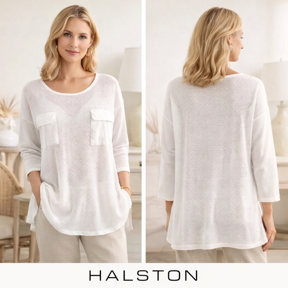Vintage Halston III White Mesh Pocket Top Textured Boho Tunic Made USA,Size Lg